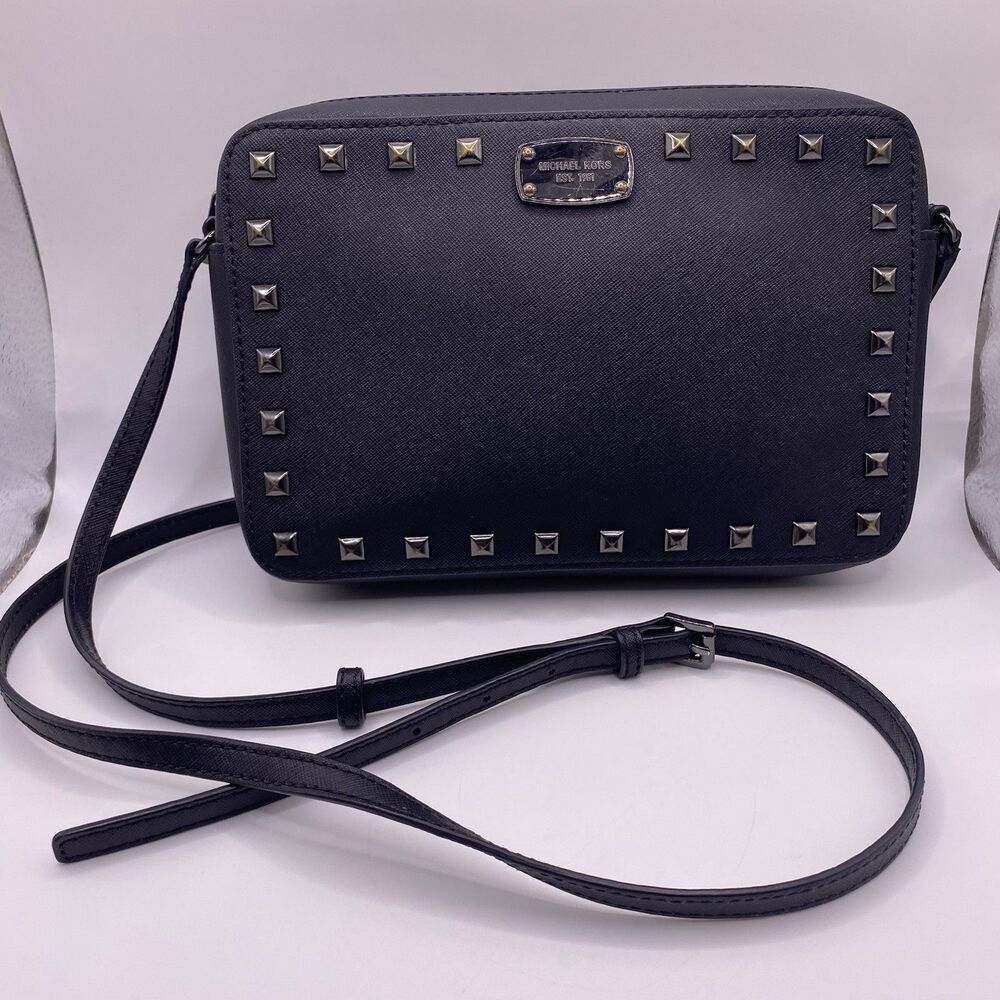 MICHAEL KORS Sandrine Studded Black Leather East West Crossbody Bag
